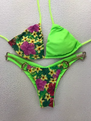 Quickship Neon Green Floral Gold Chain 2:1 Reversible Bikini/midcoverage Cheeky - M/L top and bottom FINAL SALE