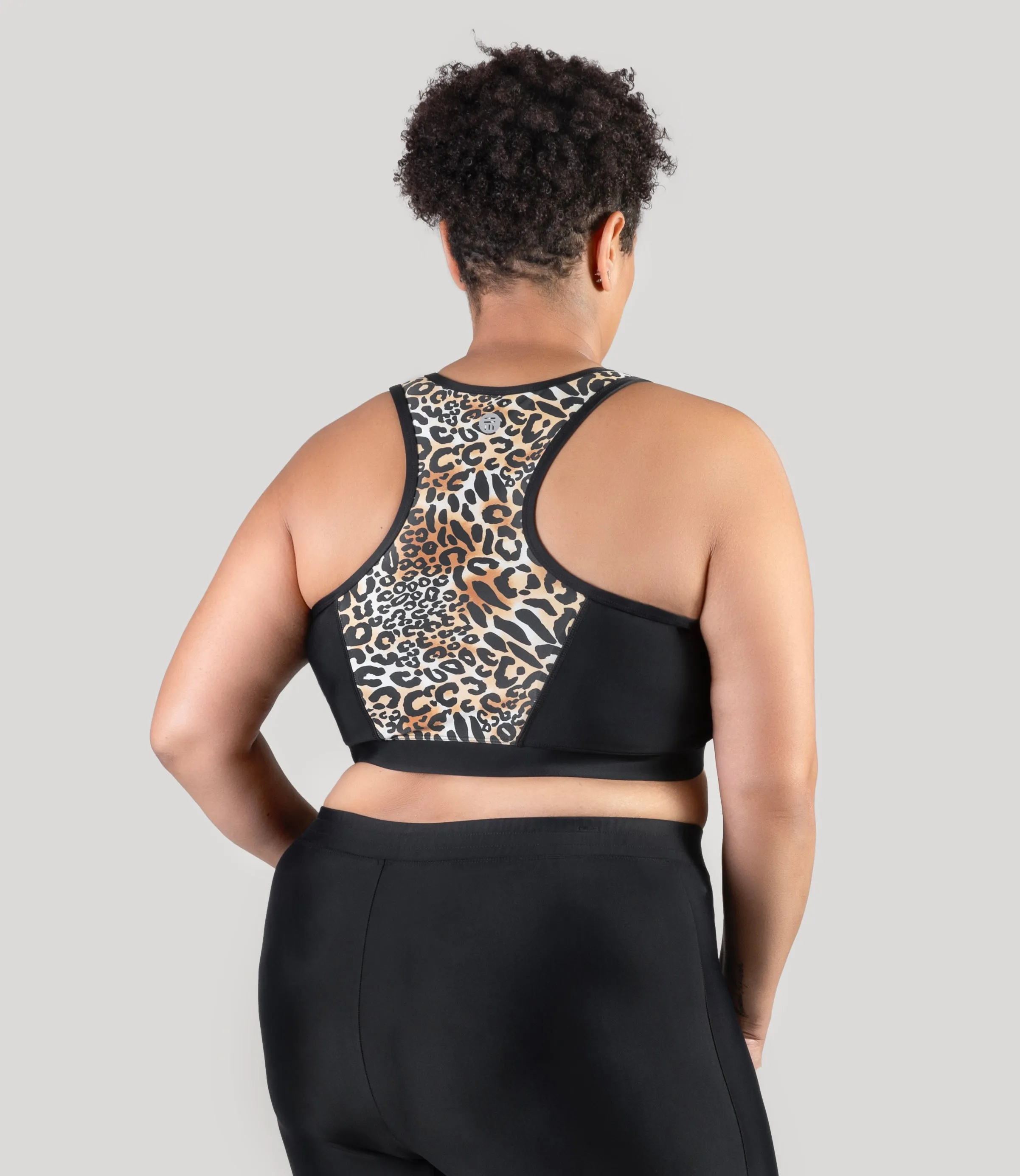 QuikEnergy Zip Front Swim Bra Leopard Print Black