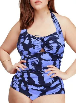 QZUnique Women's One Piece Bathing Suit Tummy Control Swimwear Halter Ruched Swimsuit Plus Size Vintage Monokini