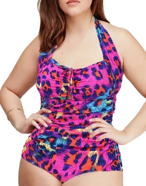 QZUnique Women's One Piece Bathing Suit Tummy Control Swimwear Halter Ruched Swimsuit Plus Size Vintage Monokini