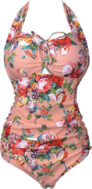 QZUnique Women's One Piece Bathing Suit Tummy Control Swimwear Halter Ruched Swimsuit Plus Size Vintage Monokini