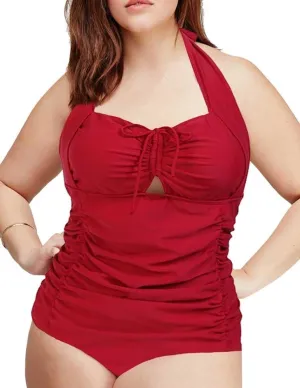 QZUnique Women's One Piece Bathing Suit Tummy Control Swimwear Halter Ruched Swimsuit Plus Size Vintage Monokini