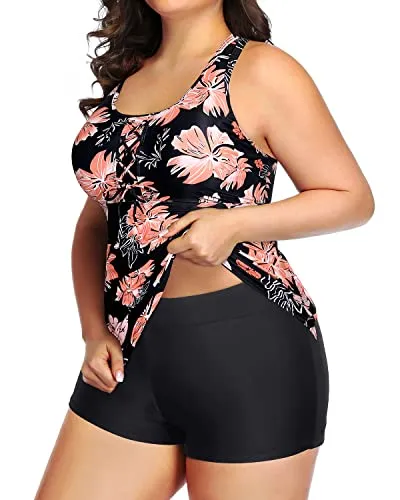 Racerback Athletic Tankini Top With Boy Shorts Plus Size Swimsuits-Black Orange Floral