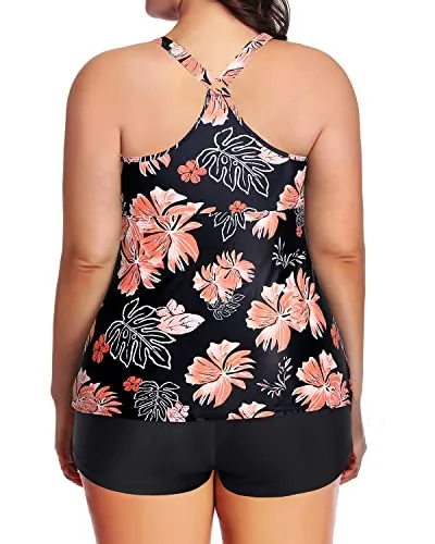 Racerback Athletic Tankini Top With Boy Shorts Plus Size Swimsuits-Black Orange Floral