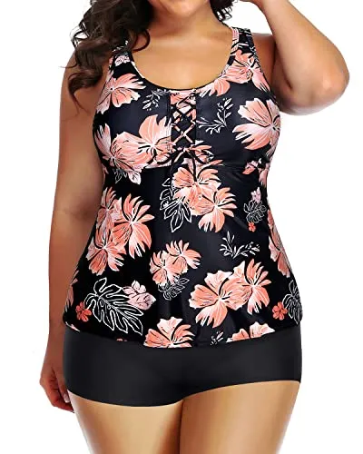 Racerback Athletic Tankini Top With Boy Shorts Plus Size Swimsuits-Black Orange Floral
