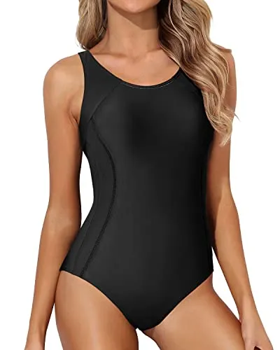 Racerback Splicing Athletic One Piece Swimsuits-Black