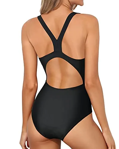 Racerback Splicing Athletic One Piece Swimsuits-Black