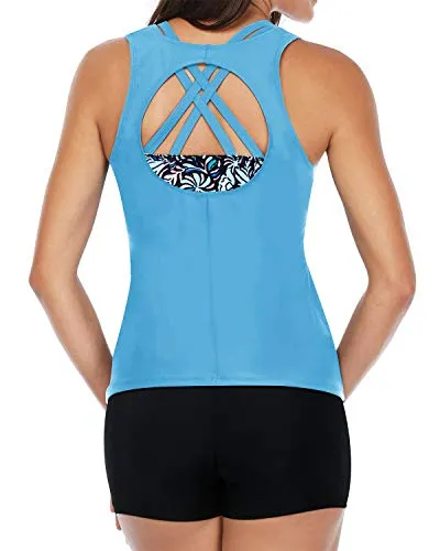 Racerback Tankini 3 Piece Swimsuits For Women-Light Blue