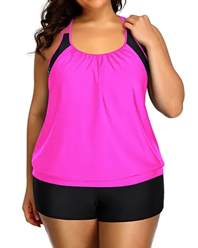 Racerback Tankini Swimsuit Plus Size Tummy Control Bathing Suit Blouson-Neon Pink
