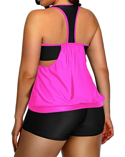 Racerback Tankini Swimsuit Plus Size Tummy Control Bathing Suit Blouson-Neon Pink