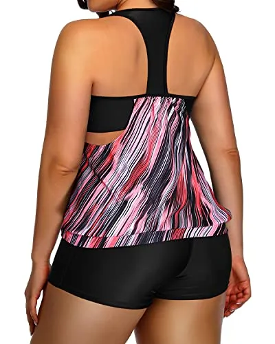 Racerback Tankini Swimsuit Plus Size Two Piece Bathing Suit For Women-Black And Pink Stripes