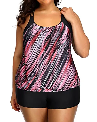 Racerback Tankini Swimsuit Plus Size Two Piece Bathing Suit For Women-Black And Pink Stripes