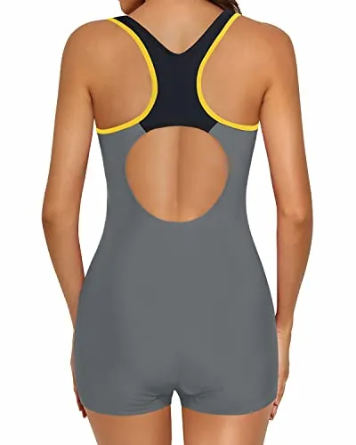 Racerback Women's One Piece Swimsuit With Boy Shorts-Black Grey