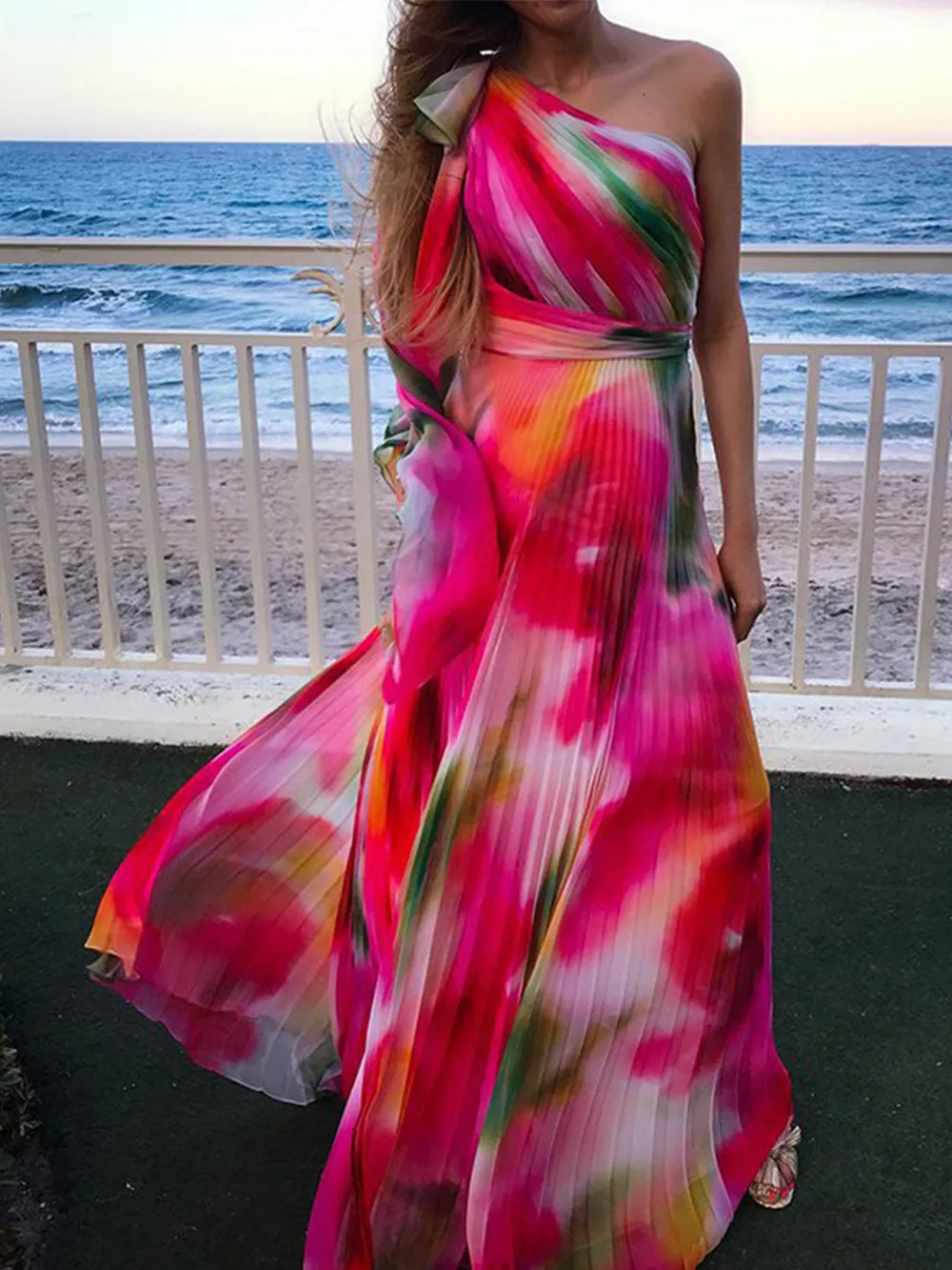 Rainbow Pleated Neck Maxi Dress