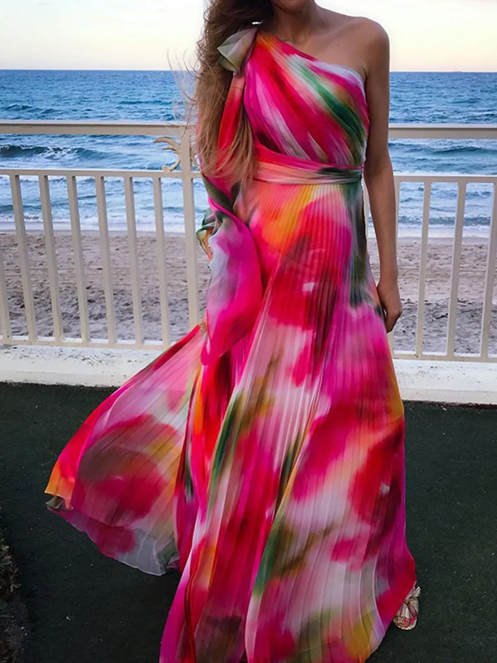 Rainbow Pleated Neck Maxi Dress
