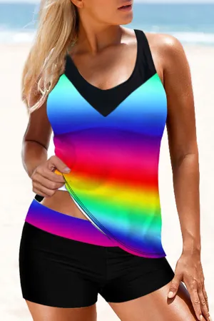 Rainbow Print U Collar Classic Tankini