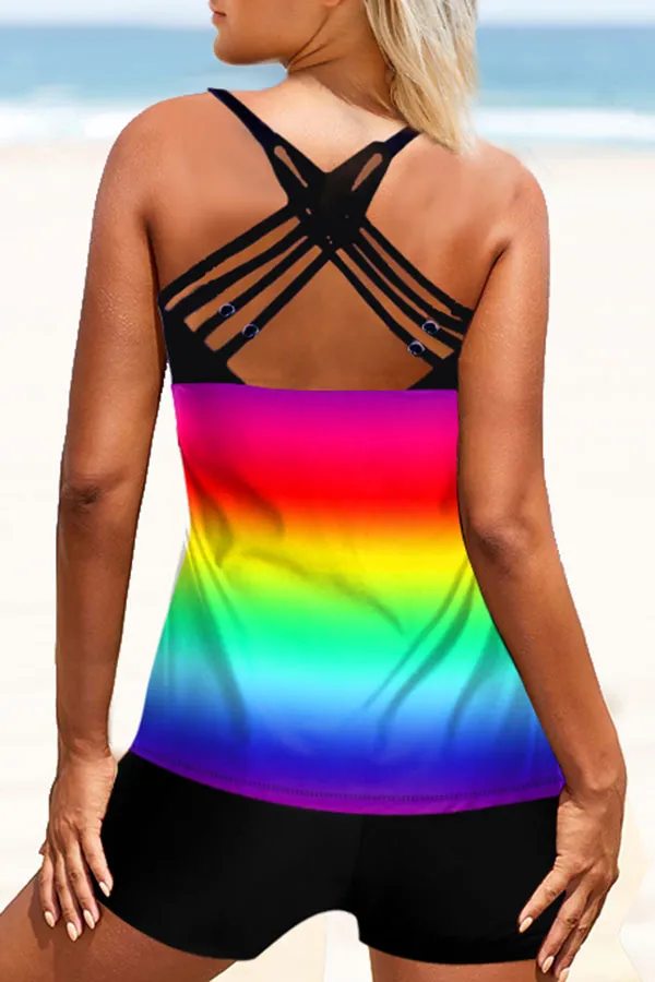 Rainbow Print U Collar Classic Tankini