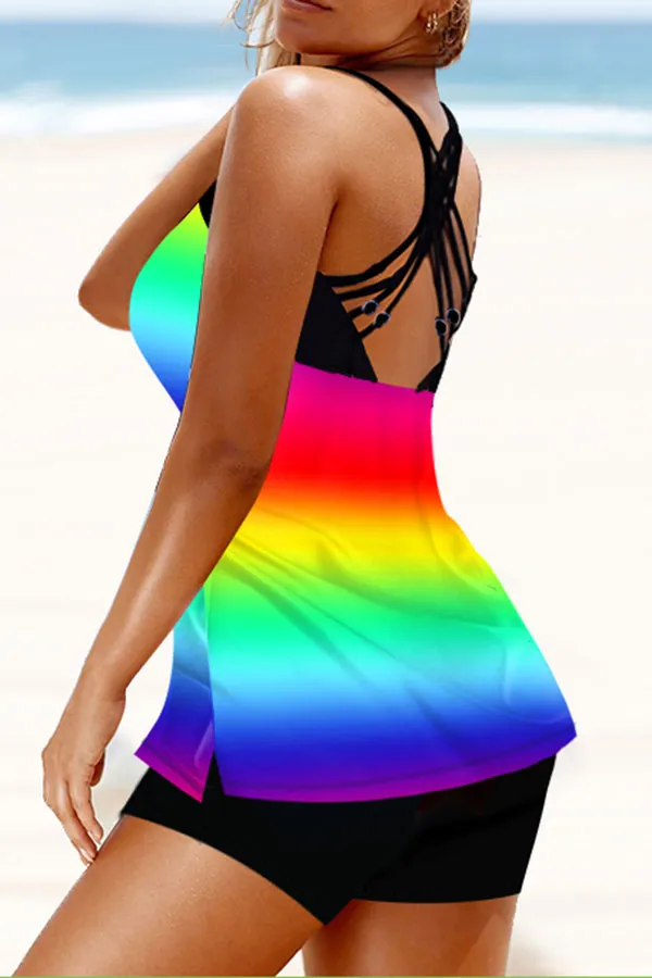 Rainbow Print U Collar Classic Tankini