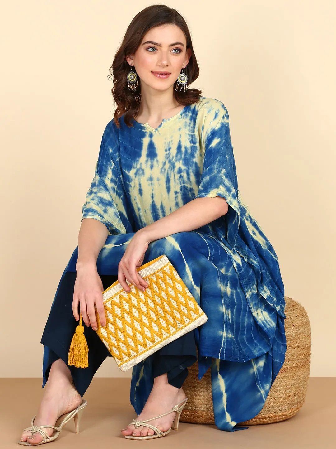 Rayon Tie Dye Blue And Light Green Kaftan kurta