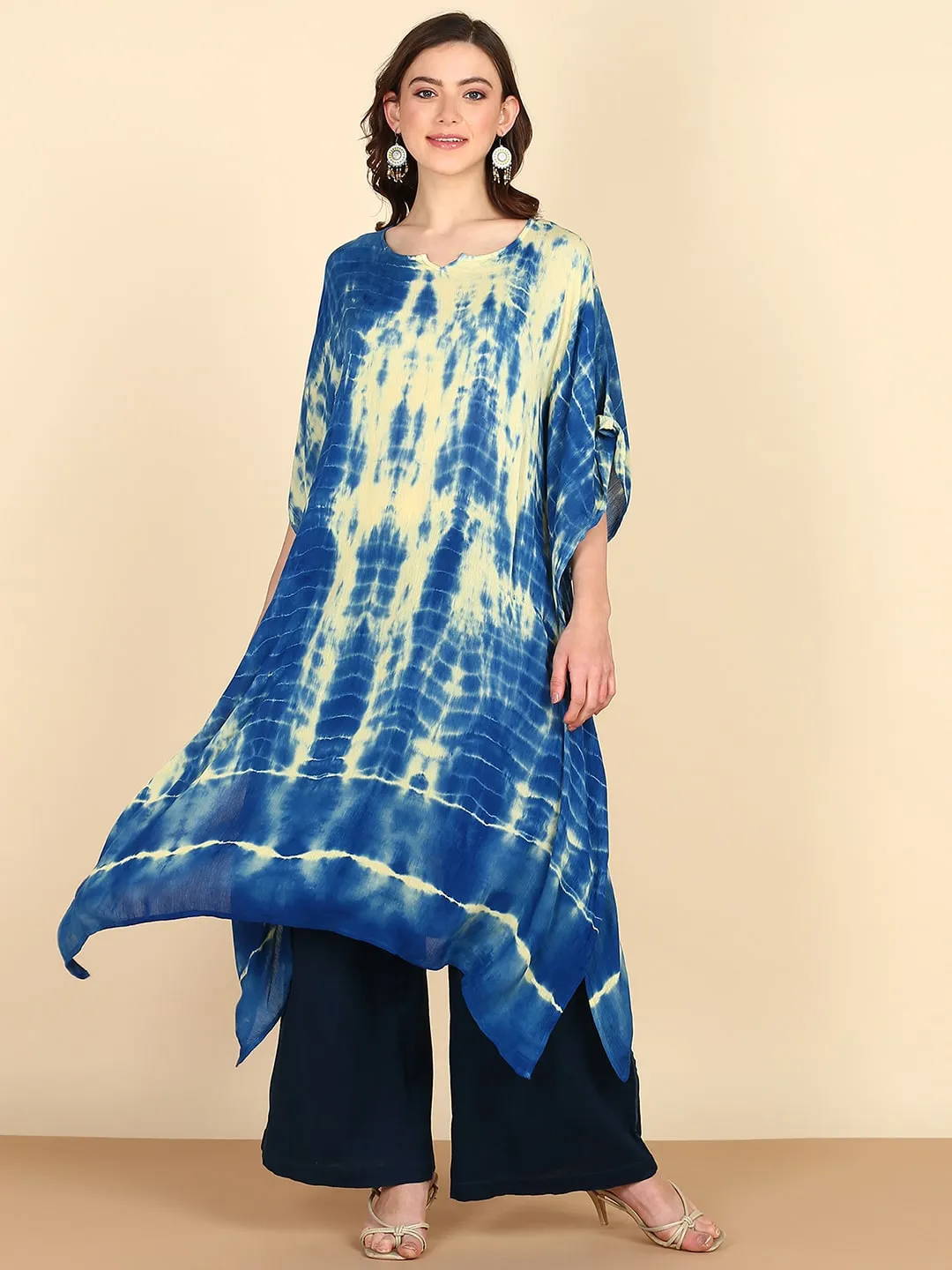 Rayon Tie Dye Blue And Light Green Kaftan kurta