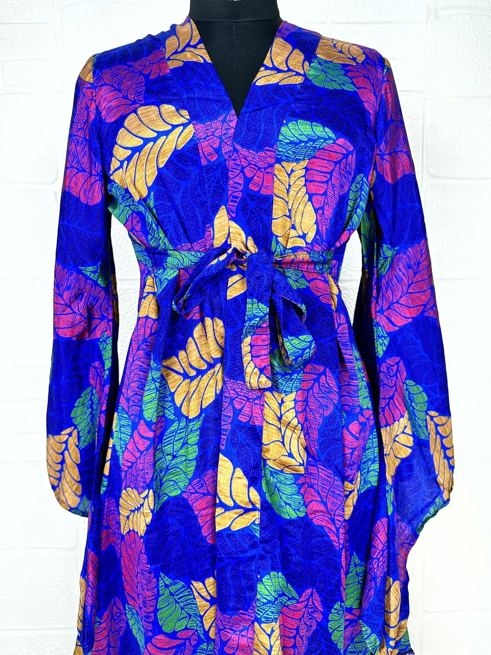 Recycle Boho House Robe Kimono Vintage Silk Sari Dressing Gown, Beach Coverup, Bridesmaid, Anniversary Gift Her | Leaf Print Blue Pink