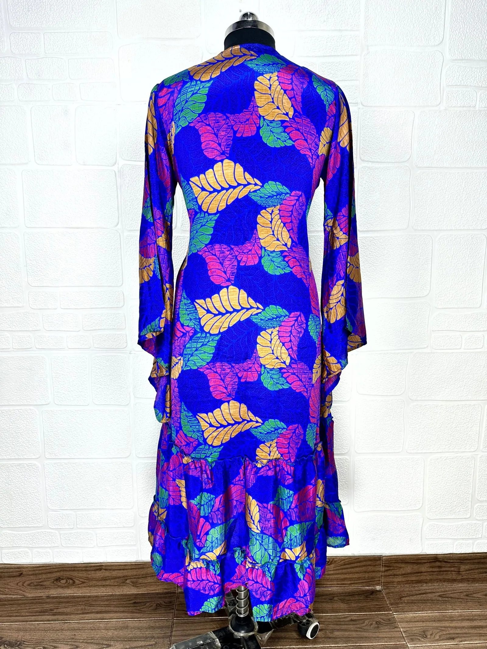 Recycle Boho House Robe Kimono Vintage Silk Sari Dressing Gown, Beach Coverup, Bridesmaid, Anniversary Gift Her | Leaf Print Blue Pink