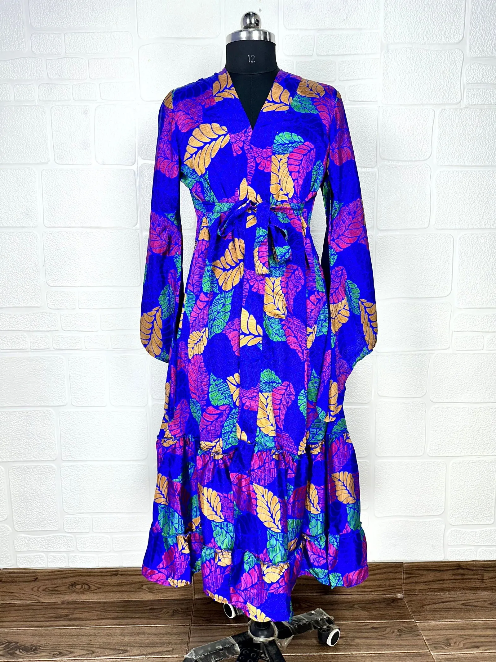Recycle Boho House Robe Kimono Vintage Silk Sari Dressing Gown, Beach Coverup, Bridesmaid, Anniversary Gift Her | Leaf Print Blue Pink