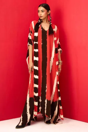 Red Crepe Printed V-Neck Kaftan