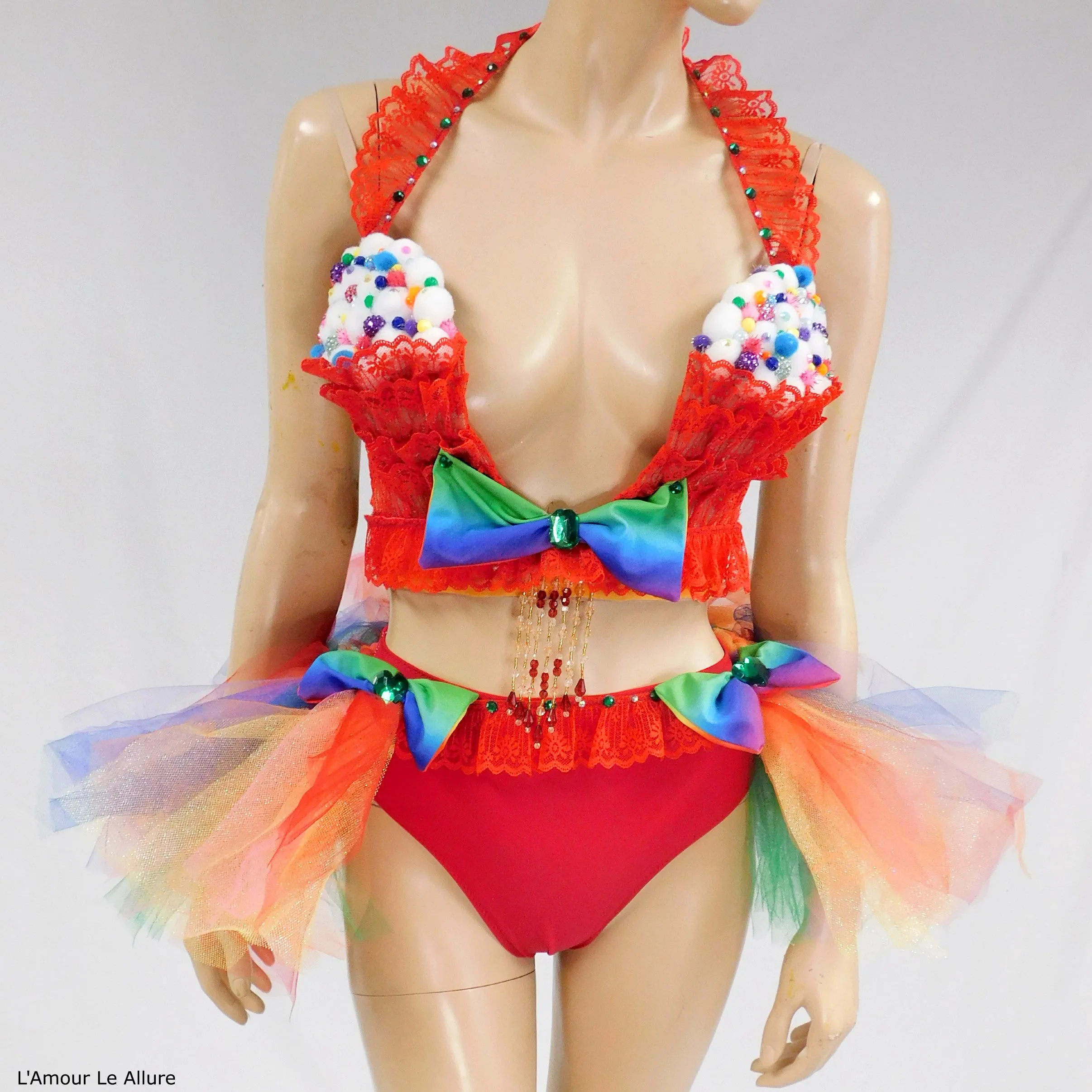 Red Cupcake Birthday Plunge Rave Bra with Tutu Bustle