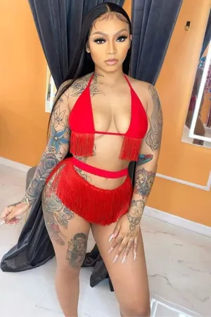 Red Cut Out Fringe Bikini