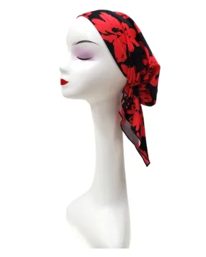 Red Floral Print Black Swim Pre-Tied Bandanna