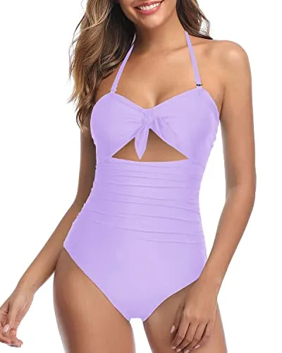 Removable And Adjustable Tummy Control One Piece Swimsuits-Light Purple