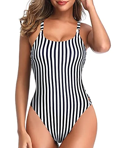 Removable Contoured Soft Padded Push Up Bra One Piece Slimming Swimsuits For Women-Black And White Stripe