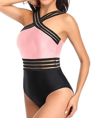 Removable Padded Push Up Bras Sexy One Piece Swimsuits-Pink And Black
