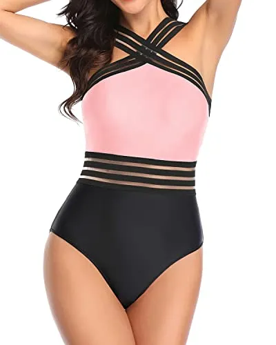 Removable Padded Push Up Bras Sexy One Piece Swimsuits-Pink And Black