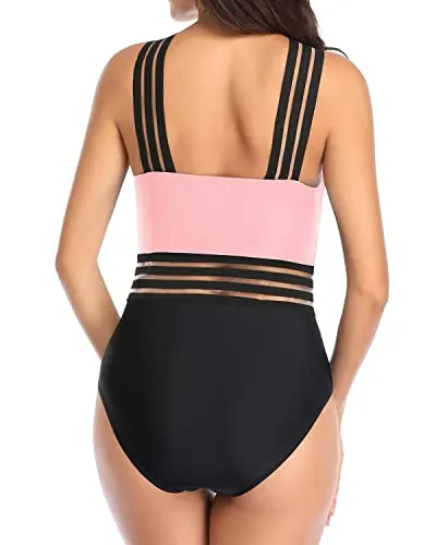 Removable Padded Push Up Bras Sexy One Piece Swimsuits-Pink And Black