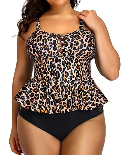 Retro Ruffle Tankini Tops Lace Strappy Sides Bikini Bottoms For Women-Brown Leopard