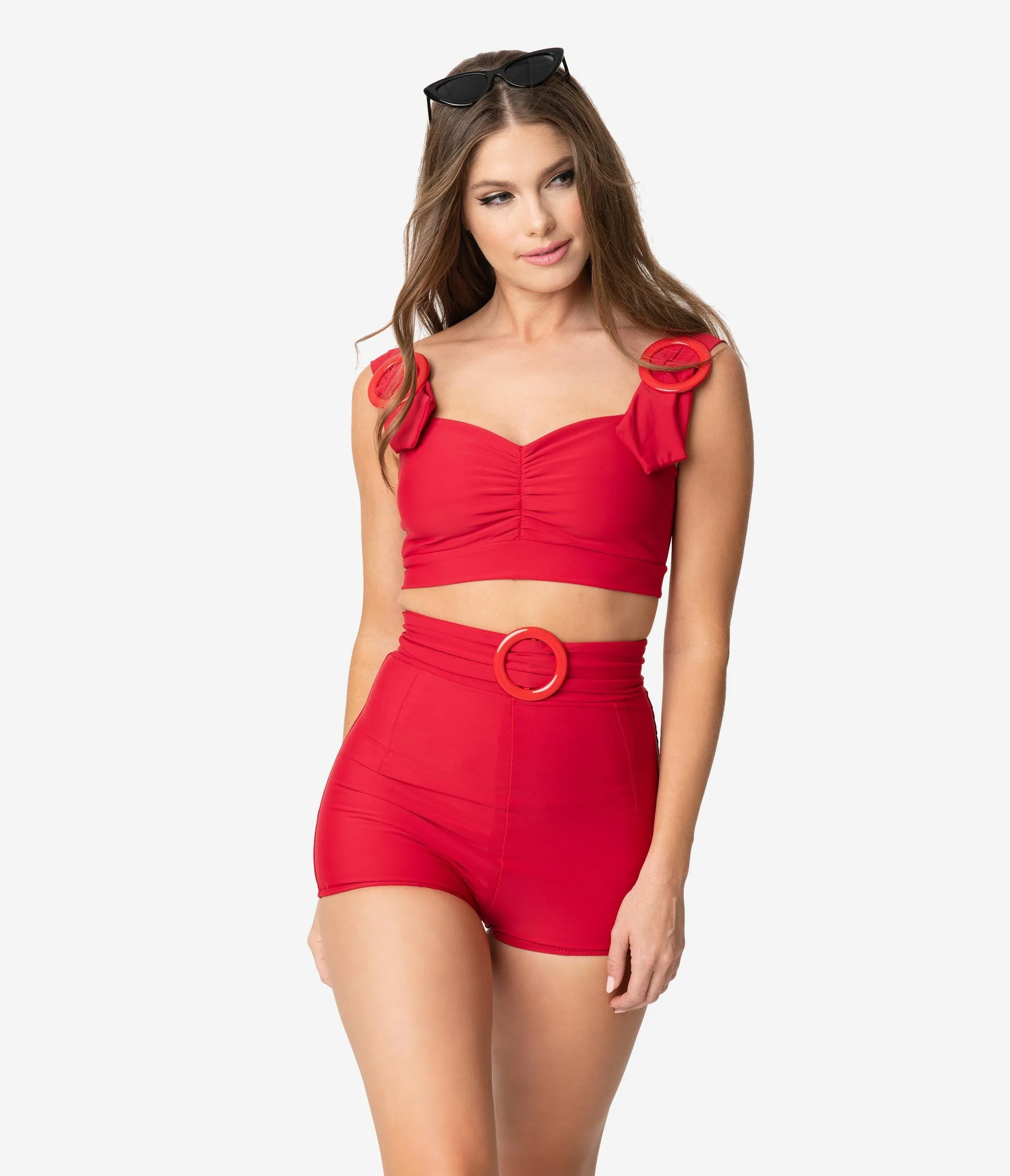 Retro Style Red Rounded Buckle High Waist Swim Shorts