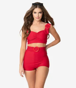 Retro Style Red Rounded Buckle High Waist Swim Shorts