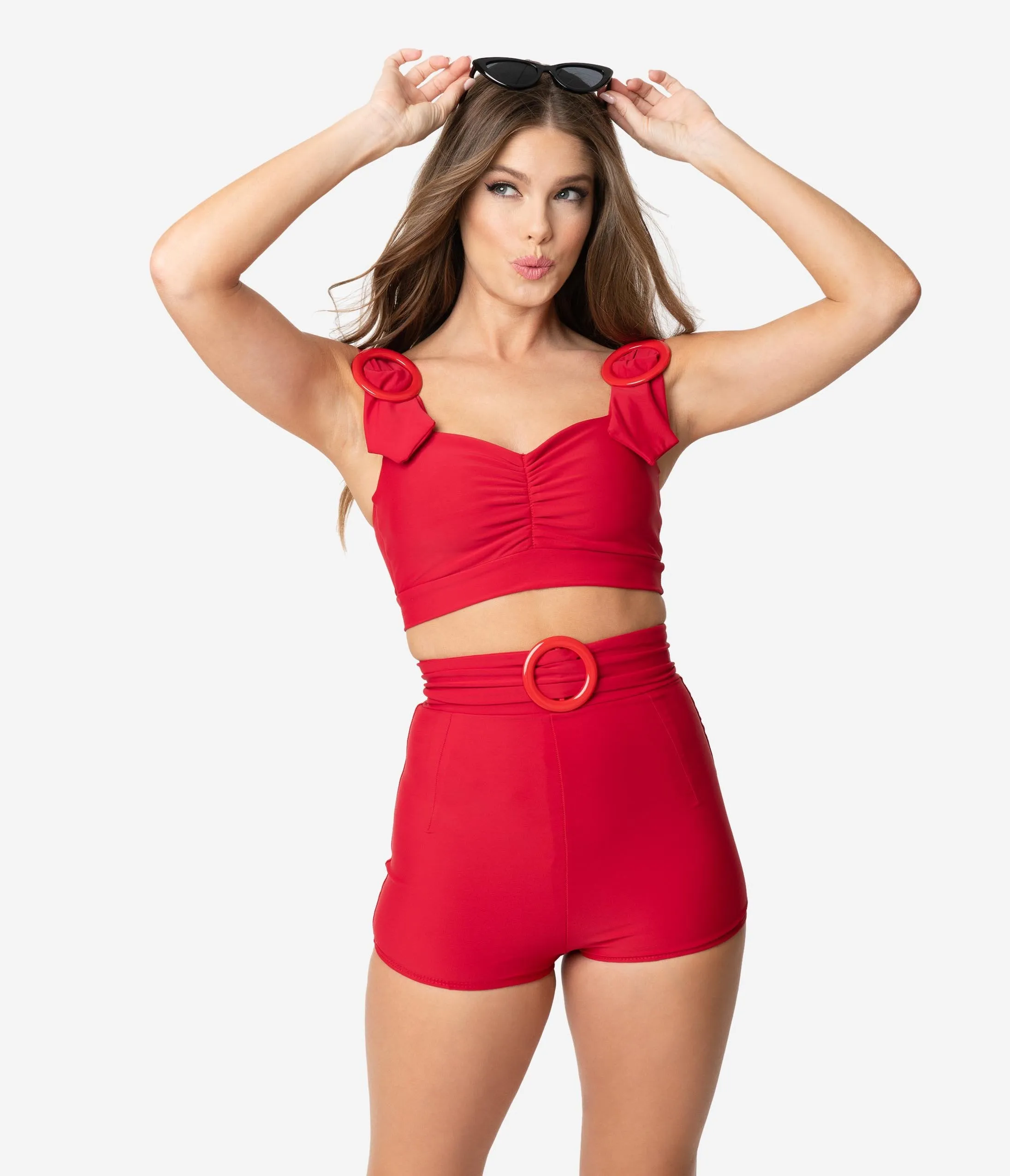 Retro Style Red Rounded Buckle High Waist Swim Shorts
