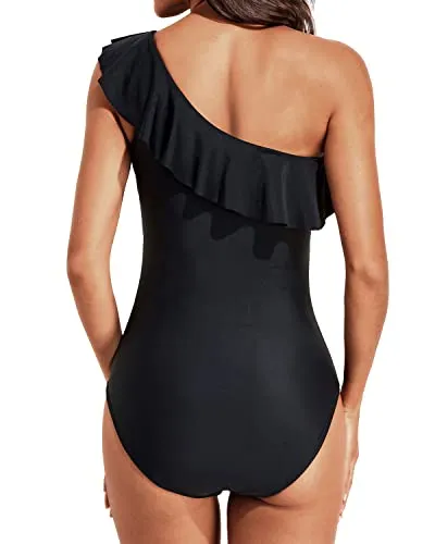Retro Women's Tummy Control Ruffle One Shoulder Swimsuit-Black