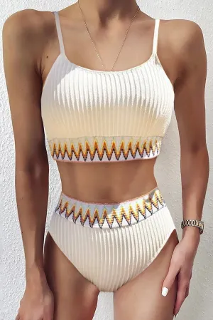 Ribbed Leaf Print High Waist Bikini Set