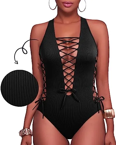 Ribbed Sexy One Piece Swimsuit Lace Up Plunge V Neck Swimwear for Women
