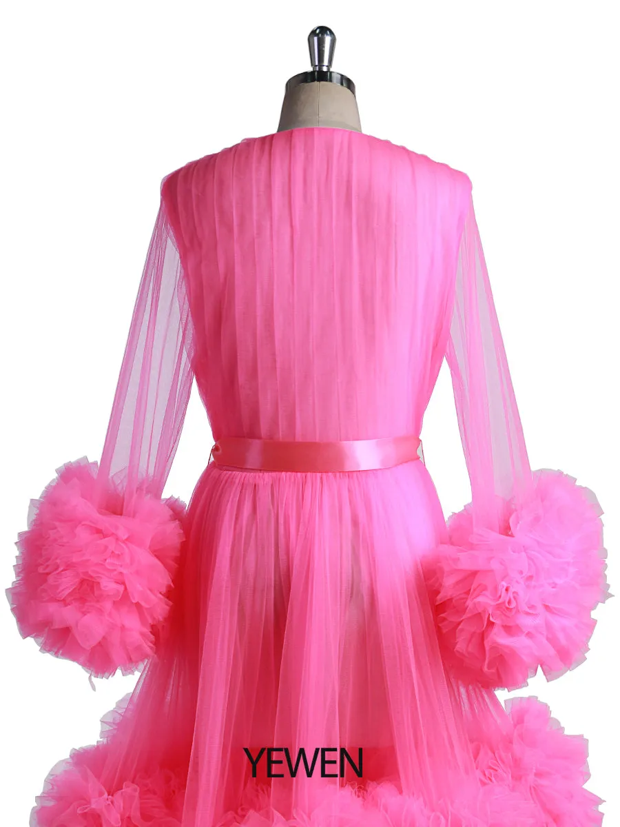 Rose Pink Ruffles Short Evening Dress V Neck Party Formal Gown Photo Shooting Dresses Photography Props YEWEN 2021