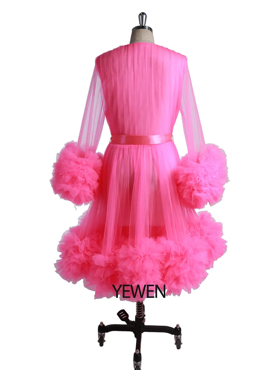 Rose Pink Ruffles Short Evening Dress V Neck Party Formal Gown Photo Shooting Dresses Photography Props YEWEN 2021