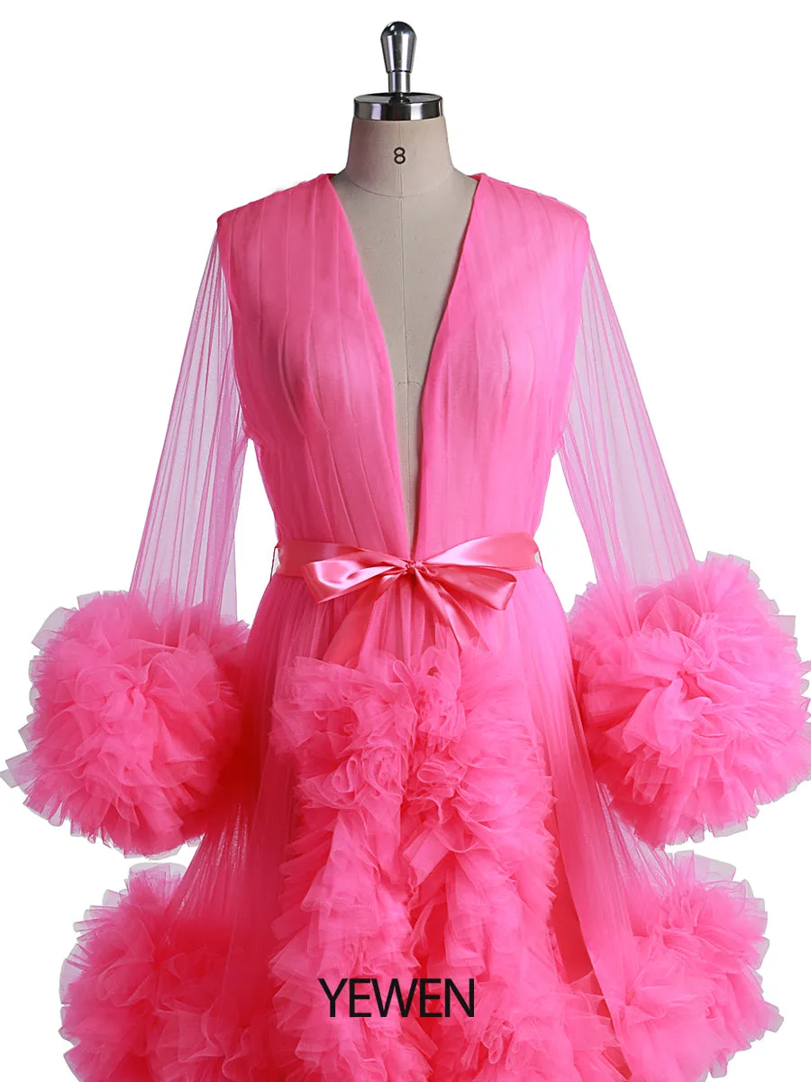 Rose Pink Ruffles Short Evening Dress V Neck Party Formal Gown Photo Shooting Dresses Photography Props YEWEN 2021