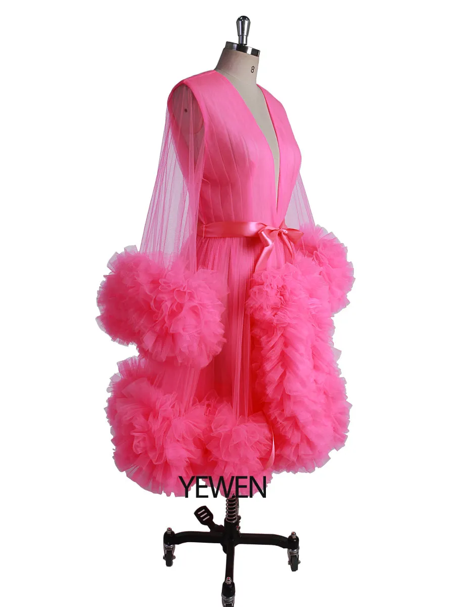 Rose Pink Ruffles Short Evening Dress V Neck Party Formal Gown Photo Shooting Dresses Photography Props YEWEN 2021