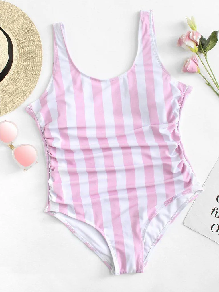 Ruched Detail Low Back Striped Swimsuit