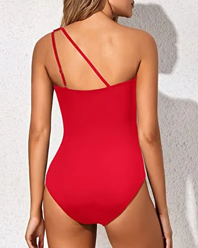 Ruched Low Back One Shoulder One Piece Swimsuit For Women-Red