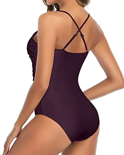 Ruched One Piece Swimsuit Women High Neck Tummy Control Bathing Suit-Maroon
